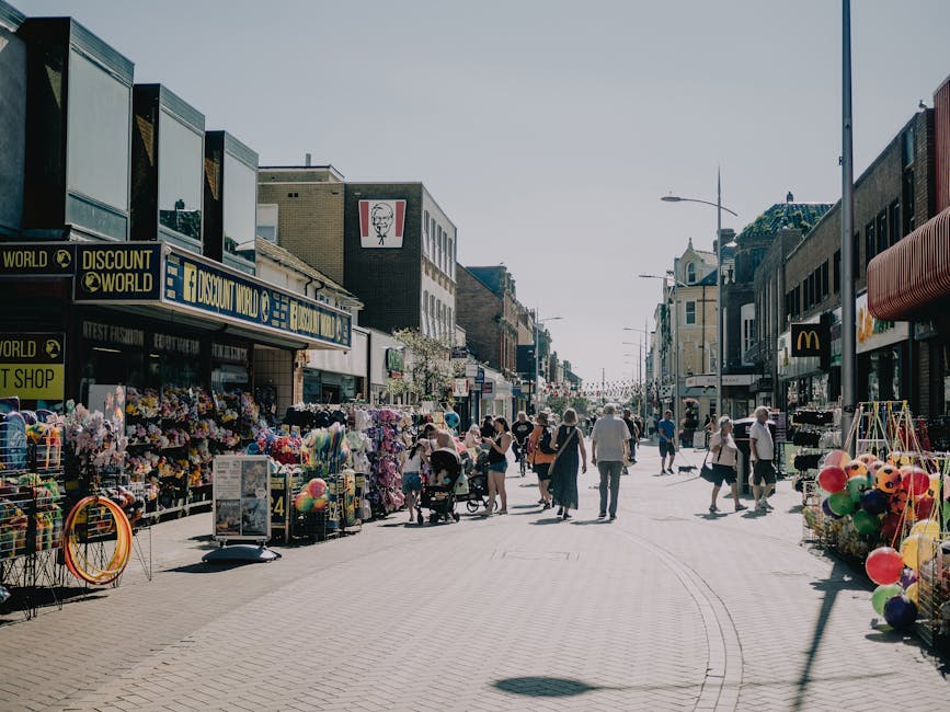 A busy urban pedestrian street with storefronts on either side, including a shop for toys and balloons on the right and a discount store on the left, both with large signs. The shops display a variety of colorful merchandise such as flowers, inflatable toys, and other small items, arranged outside along the pavement. Several people are walking along the wide, paved street, some pushing strollers or carrying shopping bags, while others browse the outdoor displays. The buildings are multi-storey, with modern and older architectural features, and some storefronts have awnings. The street is well-lit with streetlights, and the scene appears to be during daytime under clear skies. The environment suggests a lively shopping or market area where independent or private waste collection services, such as rubbish removal by [COMPANY_NAME], might be involved in managing waste or clearing outdoor display clutter in such busy commercial settings.